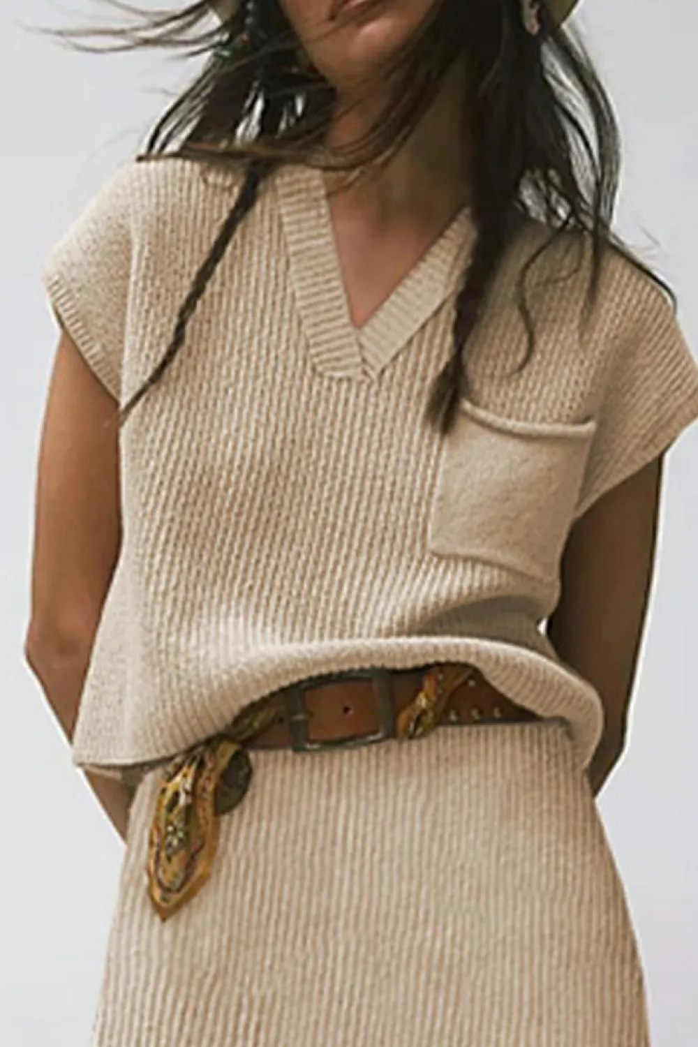 Fashion Dear-Lover Chest Pocket V Neck Ribbed Cap Sleeve Sweater Apricot