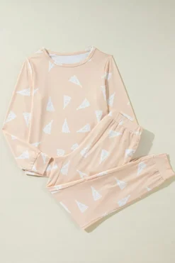 Hot Dear-Lover Christmas Tree Print Loose Fit Two Piece Pajama Set Apricot