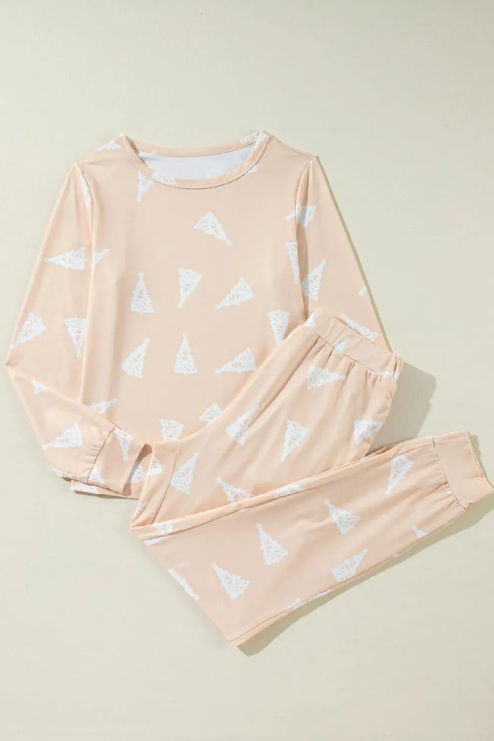 Hot Dear-Lover Christmas Tree Print Loose Fit Two Piece Pajama Set Apricot