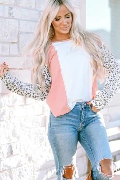 Discount Dear-Lover Colorblock Leopard Sleeve Patchwork Top Apricot