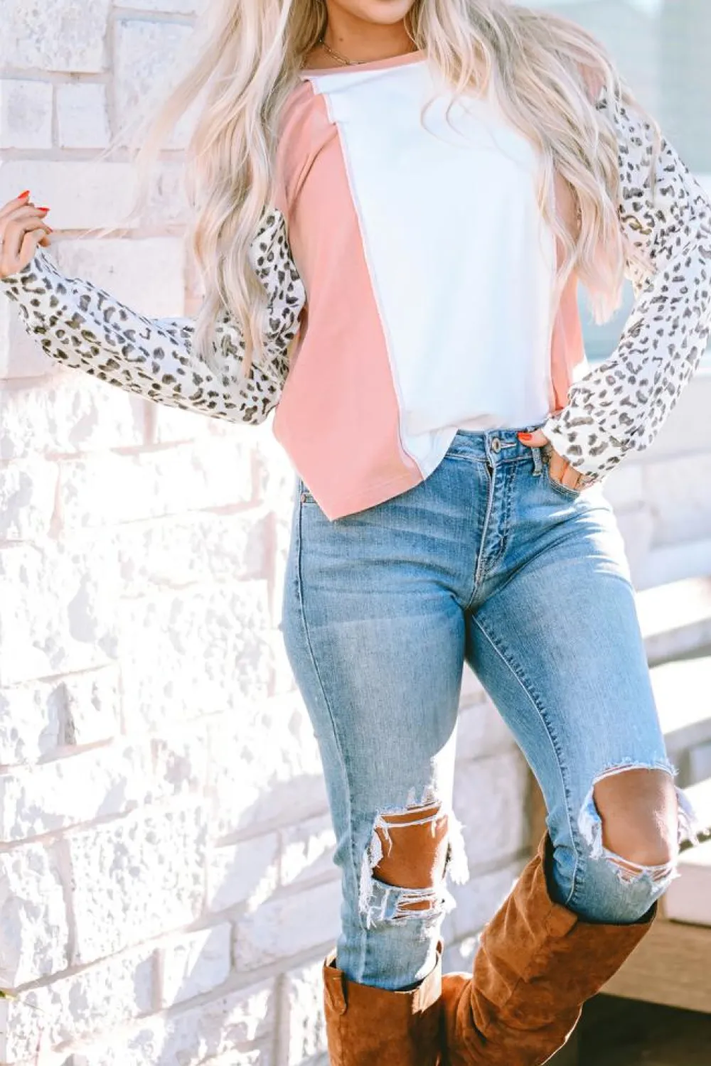 Discount Dear-Lover Colorblock Leopard Sleeve Patchwork Top Apricot