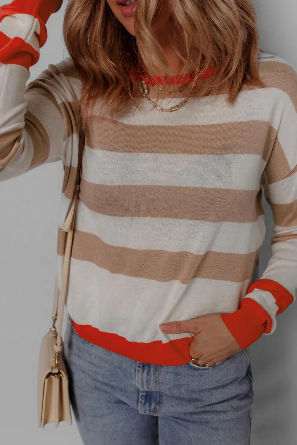 Hot Dear-Lover Colorblock Striped Round Neck Drop Shoulder Sweater Apricot