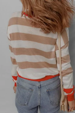 Hot Dear-Lover Colorblock Striped Round Neck Drop Shoulder Sweater Apricot