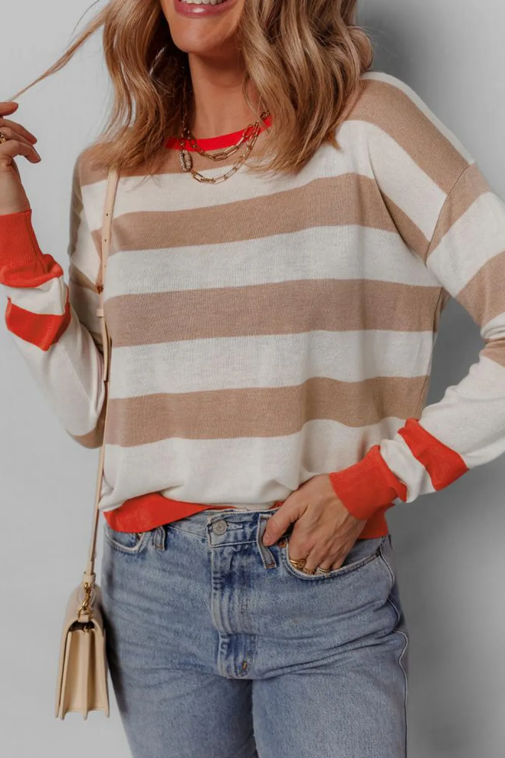 Hot Dear-Lover Colorblock Striped Round Neck Drop Shoulder Sweater Apricot