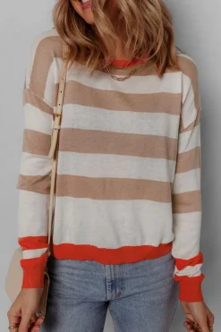 Hot Dear-Lover Colorblock Striped Round Neck Drop Shoulder Sweater Apricot
