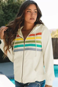 New Dear-Lover Colorblock Striped Patchwork Side Pockets Zipper Hoodie Apricot