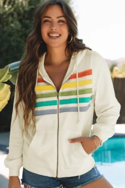 New Dear-Lover Colorblock Striped Patchwork Side Pockets Zipper Hoodie Apricot