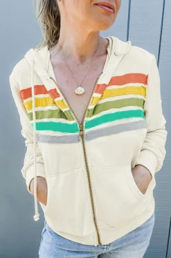 New Dear-Lover Colorblock Striped Patchwork Side Pockets Zipper Hoodie Apricot