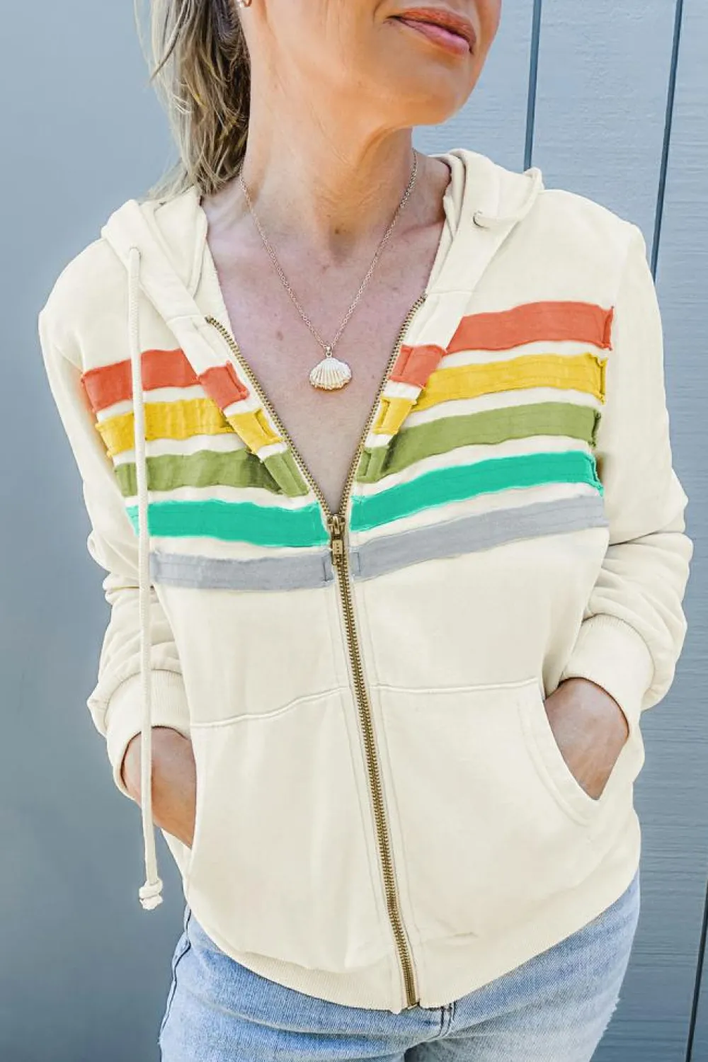 New Dear-Lover Colorblock Striped Patchwork Side Pockets Zipper Hoodie Apricot