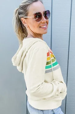 New Dear-Lover Colorblock Striped Patchwork Side Pockets Zipper Hoodie Apricot