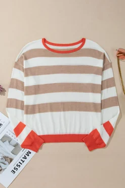 Hot Dear-Lover Colorblock Striped Round Neck Drop Shoulder Sweater Apricot