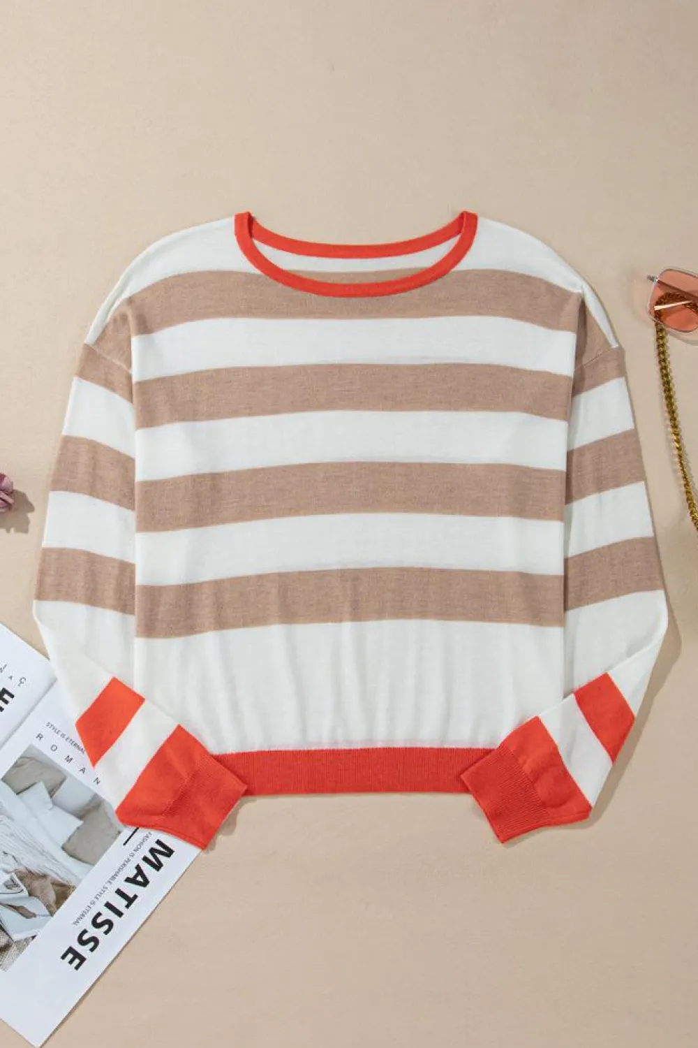 Hot Dear-Lover Colorblock Striped Round Neck Drop Shoulder Sweater Apricot