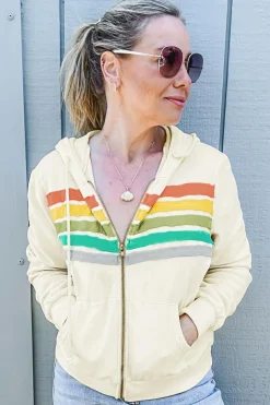 New Dear-Lover Colorblock Striped Patchwork Side Pockets Zipper Hoodie Apricot