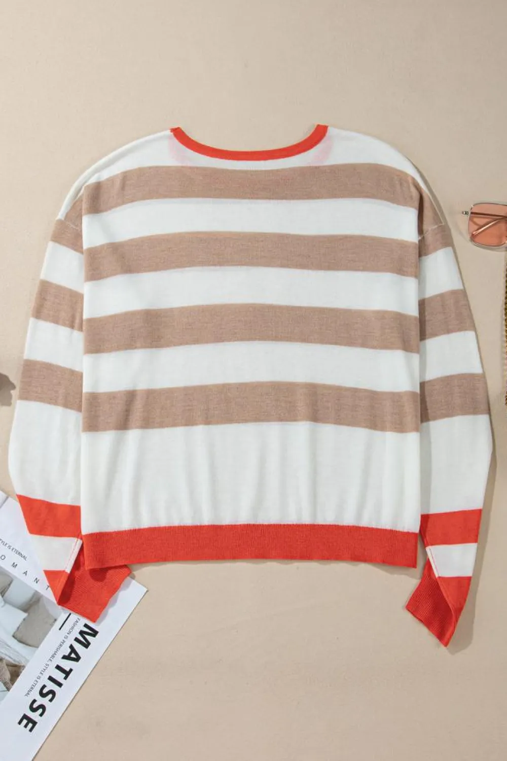 Hot Dear-Lover Colorblock Striped Round Neck Drop Shoulder Sweater Apricot