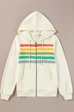 New Dear-Lover Colorblock Striped Patchwork Side Pockets Zipper Hoodie Apricot