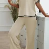 Sale Dear-Lover Contrast Trim Knitted Round Neck Sweater Tee and Pants Lounge Set Apricot