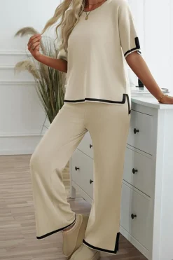 Sale Dear-Lover Contrast Trim Knitted Round Neck Sweater Tee and Pants Lounge Set Apricot
