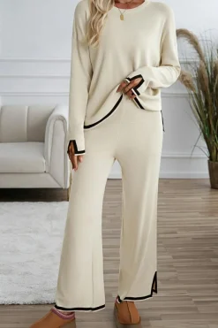 Outlet Dear-Lover Contrast Trim Split Cuffs Long 2pcs Sweater Outfit Loungewear Apricot