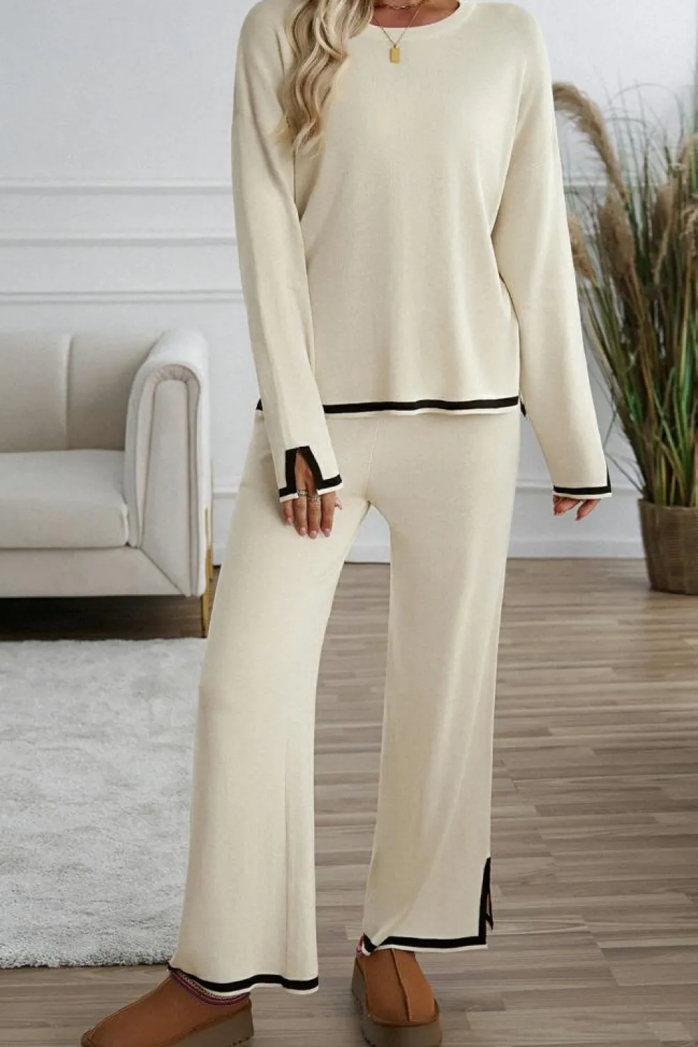 Outlet Dear-Lover Contrast Trim Split Cuffs Long 2pcs Sweater Outfit Loungewear Apricot