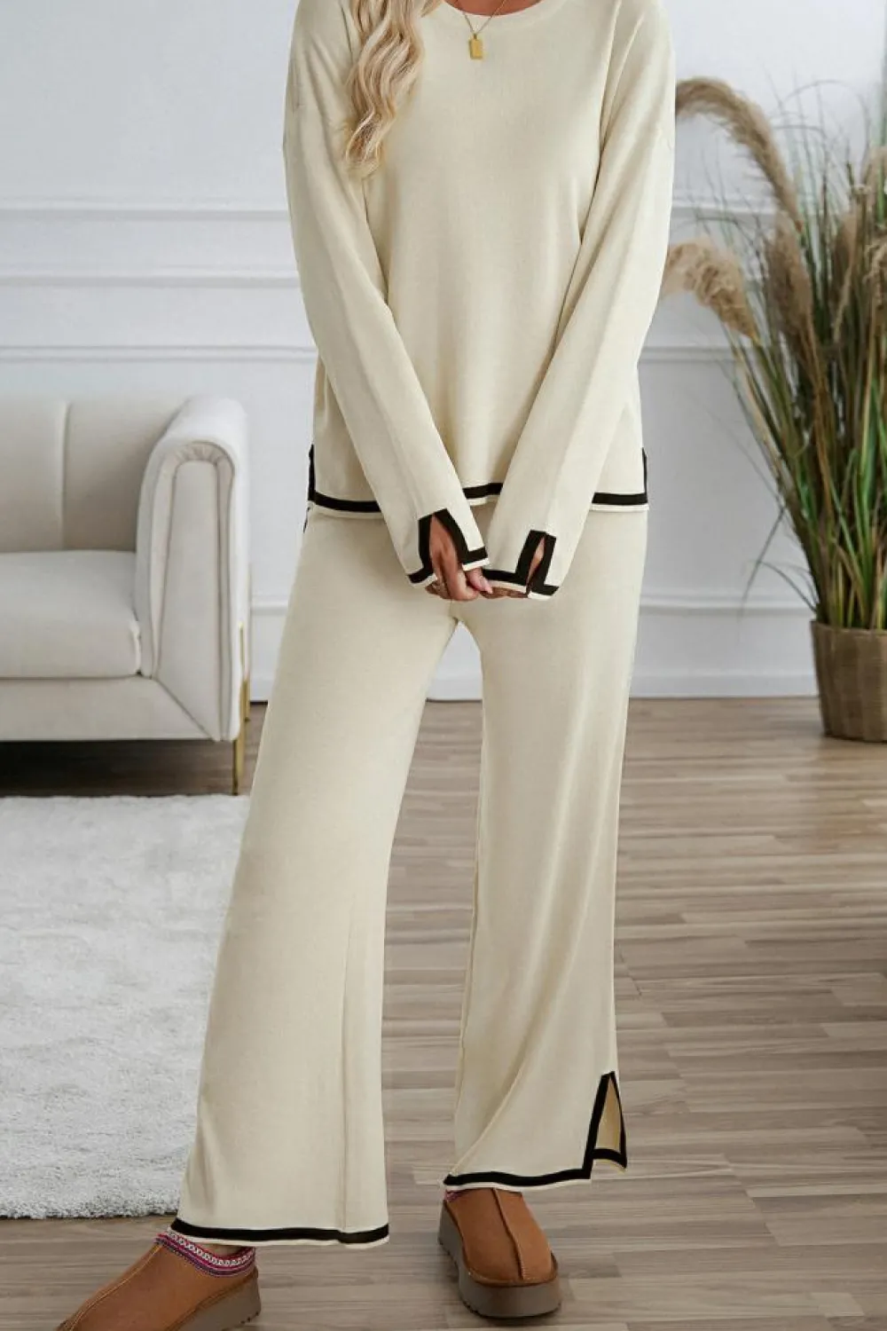 Outlet Dear-Lover Contrast Trim Split Cuffs Long 2pcs Sweater Outfit Loungewear Apricot