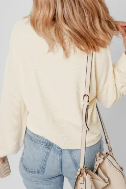 Best Dear-Lover Corded Texture Lantern Sleeve Buttons Henley Sweatsuit Apricot