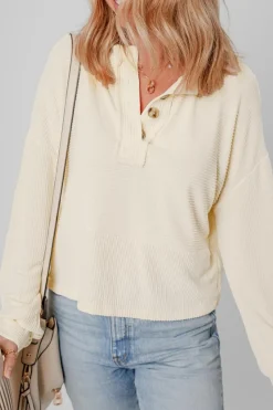 Best Dear-Lover Corded Texture Lantern Sleeve Buttons Henley Sweatsuit Apricot