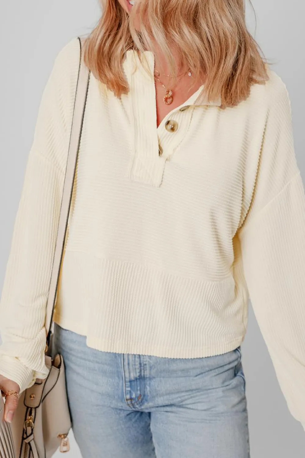 Best Dear-Lover Corded Texture Lantern Sleeve Buttons Henley Sweatsuit Apricot