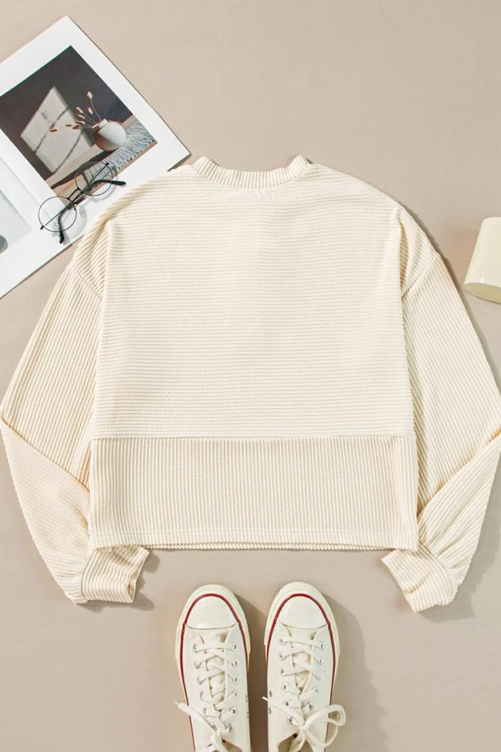 Best Dear-Lover Corded Texture Lantern Sleeve Buttons Henley Sweatsuit Apricot