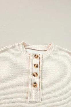 Best Dear-Lover Corded Texture Lantern Sleeve Buttons Henley Sweatsuit Apricot