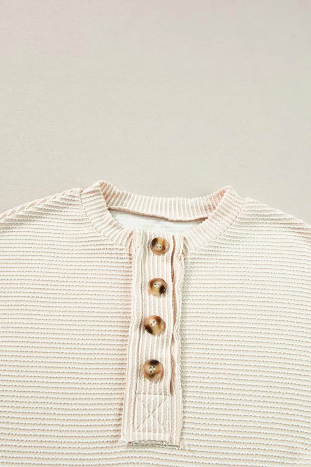 Best Dear-Lover Corded Texture Lantern Sleeve Buttons Henley Sweatsuit Apricot