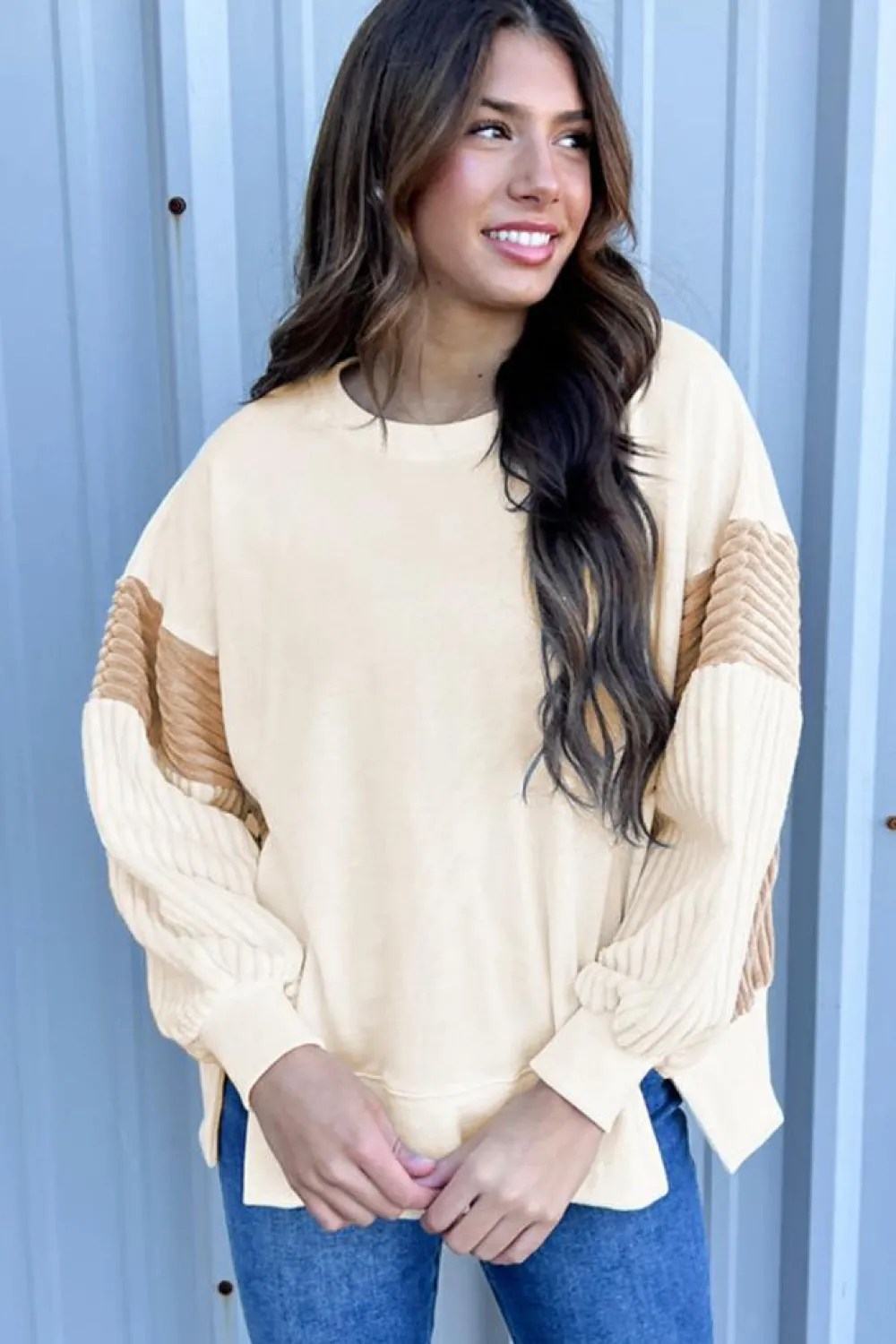 Discount Dear-Lover Corduroy Patchwork Drop Shoulder Long Sleeve Sweatshirt Apricot