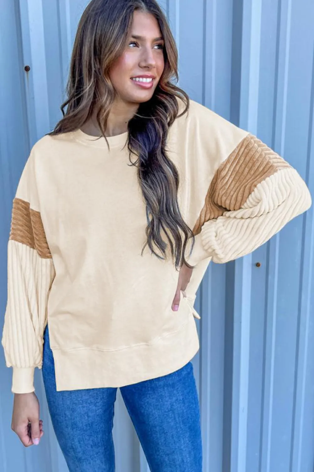 Discount Dear-Lover Corduroy Patchwork Drop Shoulder Long Sleeve Sweatshirt Apricot