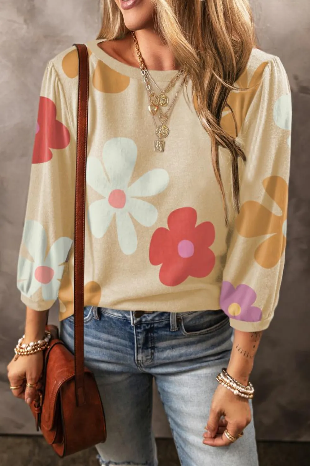 Sale Dear-Lover Cute Flower Print Bracelet Sleeve Top Apricot