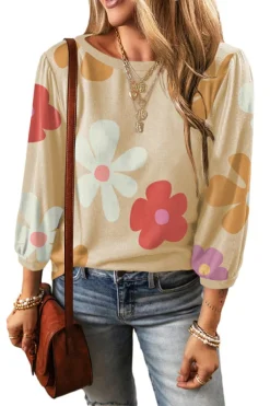Sale Dear-Lover Cute Flower Print Bracelet Sleeve Top Apricot