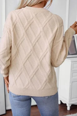 Clearance Dear-Lover Diamond Pattern Textured Crew Neck Sweater Apricot