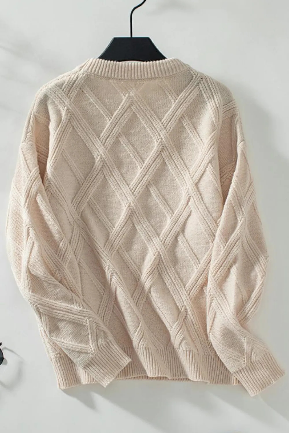 Clearance Dear-Lover Diamond Pattern Textured Crew Neck Sweater Apricot