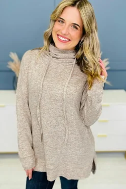 Outlet Dear-Lover Drawstring Cowl High Neck Long Sleeve Split Top Apricot