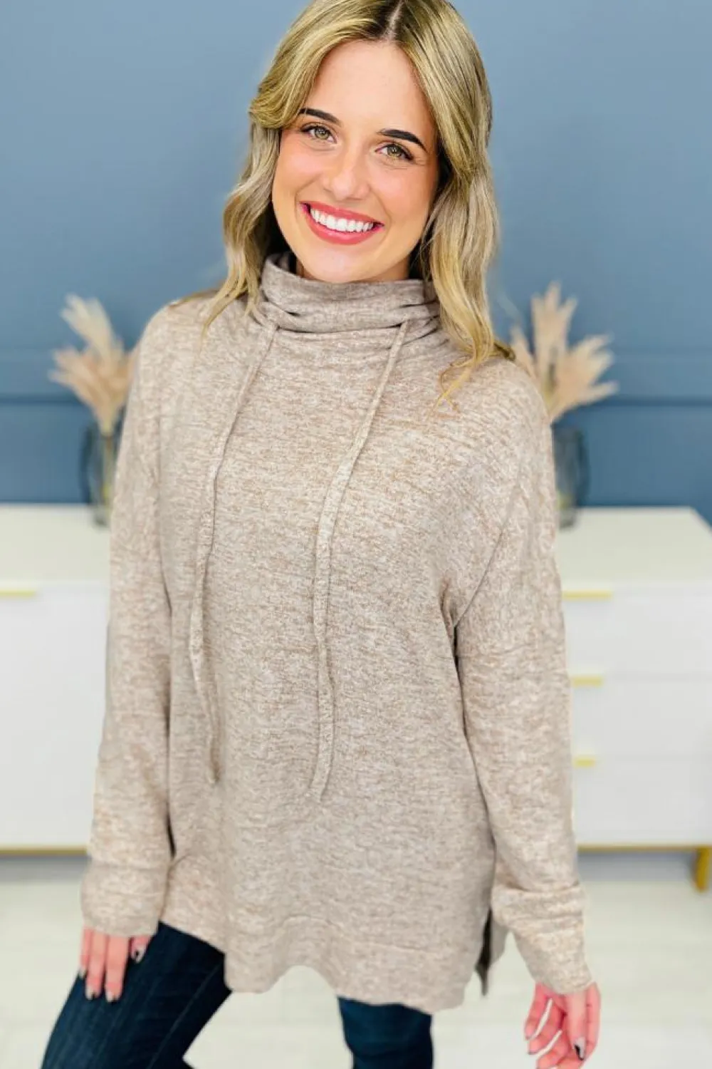 Outlet Dear-Lover Drawstring Cowl High Neck Long Sleeve Split Top Apricot