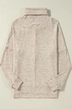 Outlet Dear-Lover Drawstring Cowl High Neck Long Sleeve Split Top Apricot