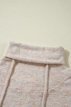 Outlet Dear-Lover Drawstring Cowl High Neck Long Sleeve Split Top Apricot