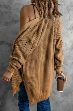 Online Dear-Lover Drop Sleeve Cable Knit Cardigan with Slits Apricot