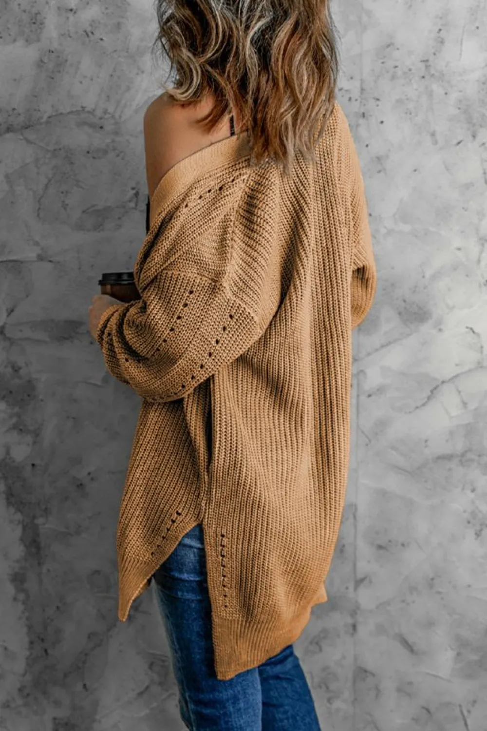 Online Dear-Lover Drop Sleeve Cable Knit Cardigan with Slits Apricot