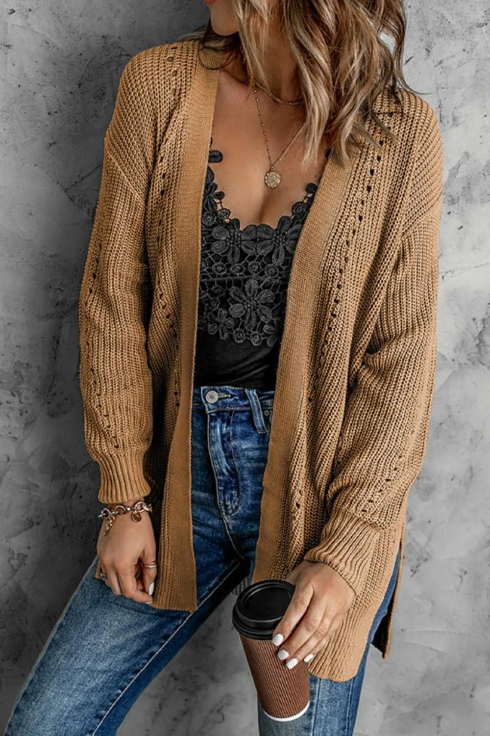 Online Dear-Lover Drop Sleeve Cable Knit Cardigan with Slits Apricot