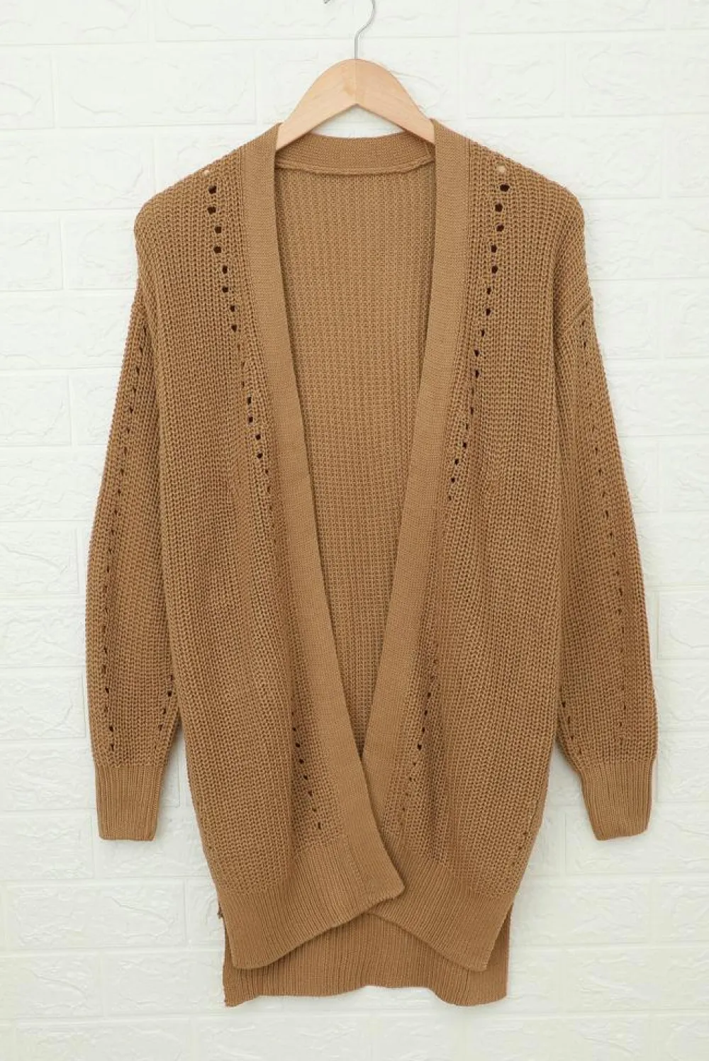 Online Dear-Lover Drop Sleeve Cable Knit Cardigan with Slits Apricot