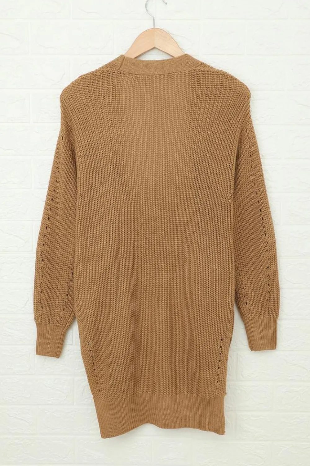 Online Dear-Lover Drop Sleeve Cable Knit Cardigan with Slits Apricot