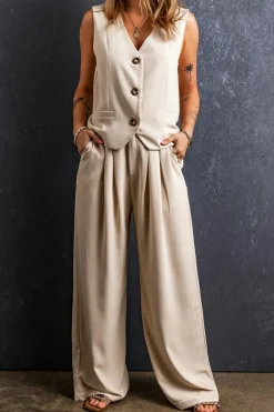 Sale Dear-Lover Elastic Waist Pleated Wide Leg Pants Apricot