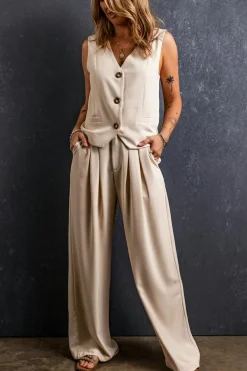 Sale Dear-Lover Elastic Waist Pleated Wide Leg Pants Apricot