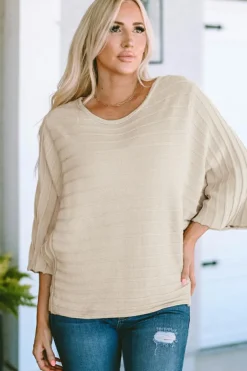 Outlet Dear-Lover Exposed Seam Ribbed Knit Dolman Sweater Apricot