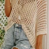 Sale Dear-Lover Fishnet Knit Ribbed Round Neck Short Sleeve Sweater Tee Apricot