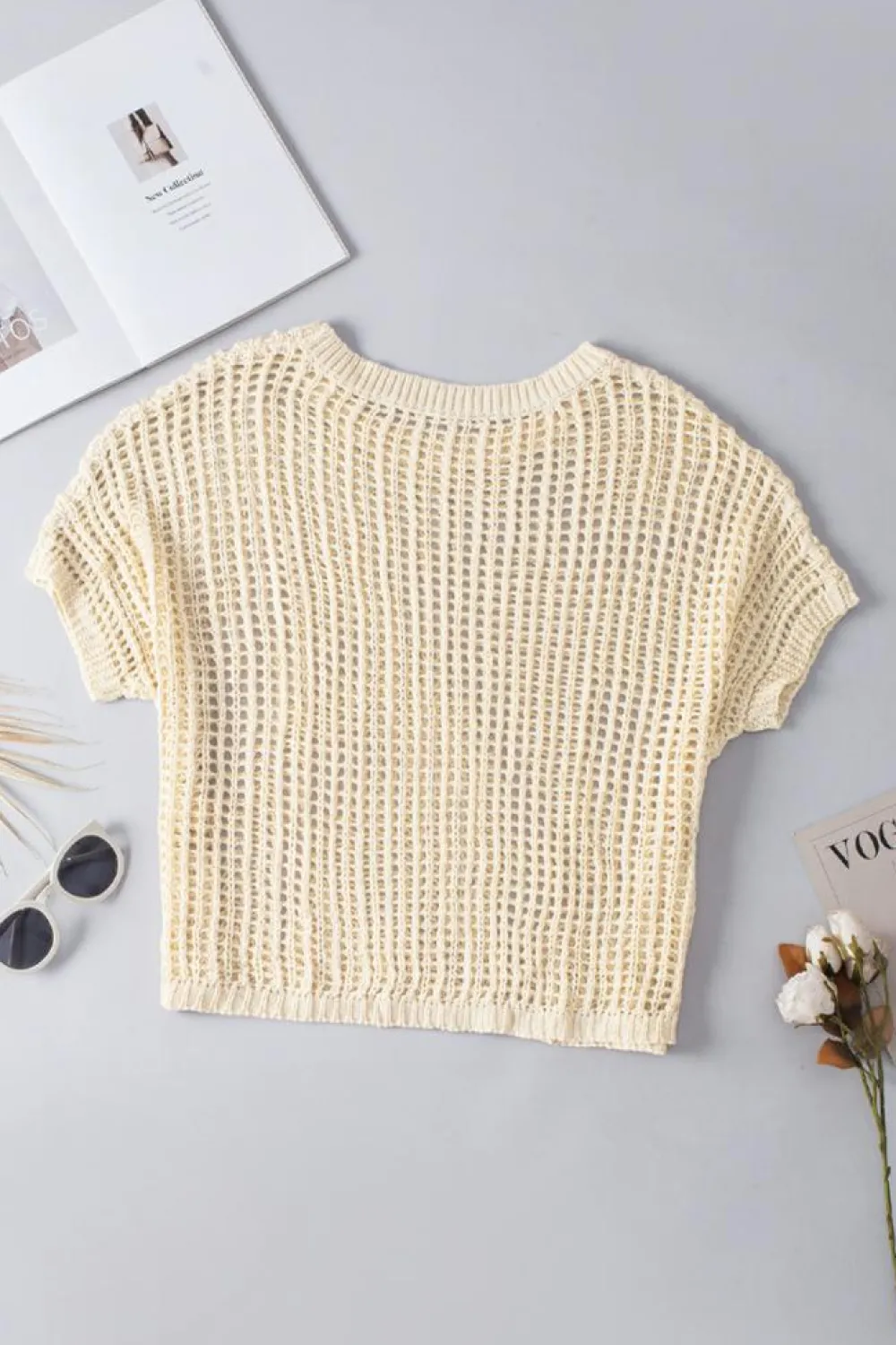Sale Dear-Lover Fishnet Knit Ribbed Round Neck Short Sleeve Sweater Tee Apricot